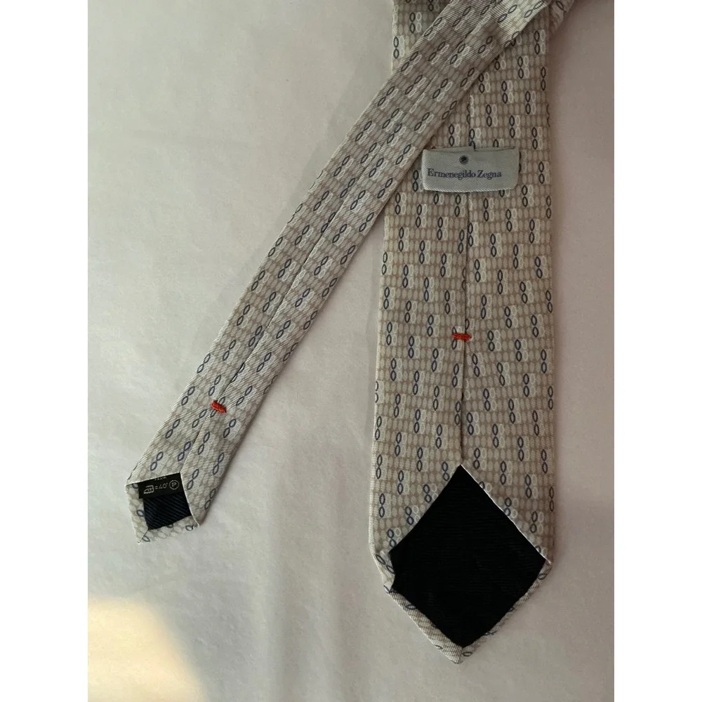 Ermenegildo‎ Zegna Mens Silk Power Tie Beige Geometric Print Italian Classic